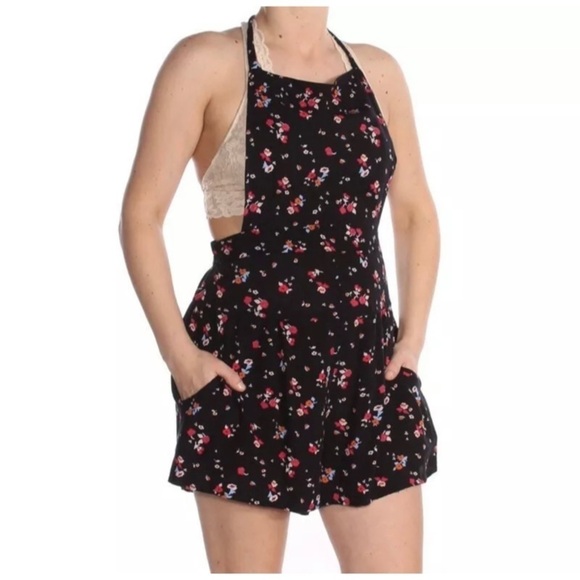NEW FREE PEOPLE Black Floral Square-Neck Romper